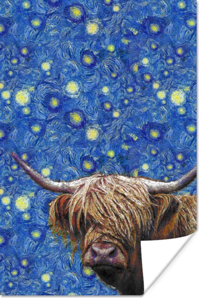 MuchoWow Poster Van Gogh - Schottischer Highlander - Sternennacht 40x60 cm - Plakate für die Wand - Poster Babyzimmer