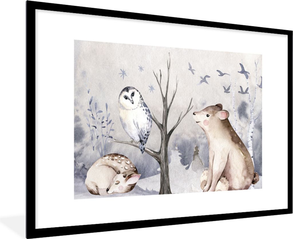 MuchoWow Gerahmtes Poster Winter - Hirsch - Eule - Bär 90x60 cm - Poster mit Schwarzem Bilderrahmen Wandposter Rahmen Foto Bilder - Wanddekorati...