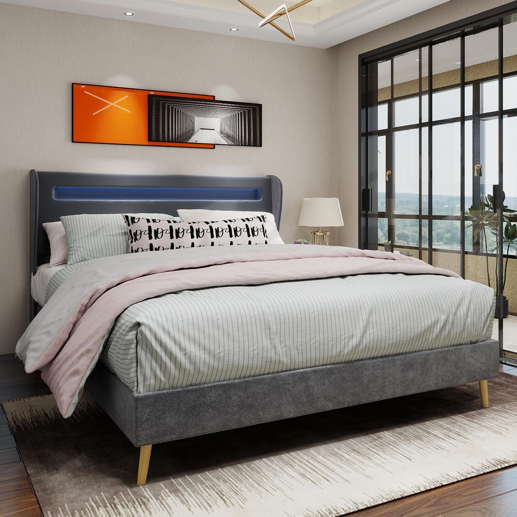 Sweiko Modern Minimalist Upholstered Bed with Soft LED-Integrated Headboard, 140x200 cm, Grey, Multifunctional Bedroom Furniture, Low-Profile Non-S...