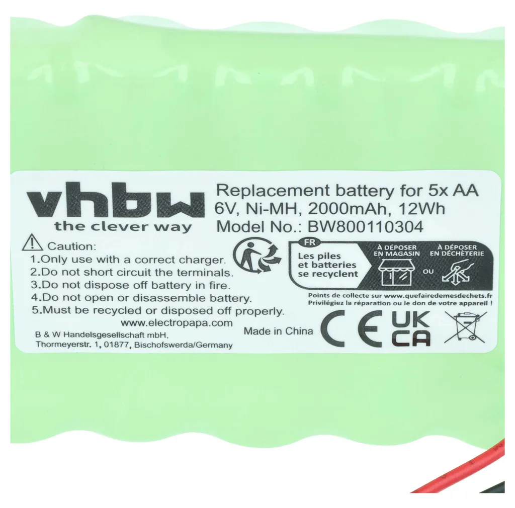 Pack 5x Piles AA 6V 2000mAh vhbw Haute Capacité NiMH pour Divers Objets - 5