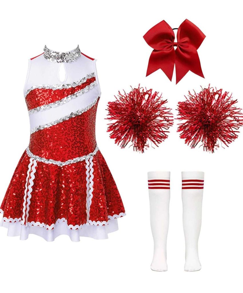 Mädchen Cheerleader Kostüm Gr. 176 Cm – Glitzerndes Tanzkleid mit Pompons Set | Ärmellose Cheerleading Uniform für Karneval & Party