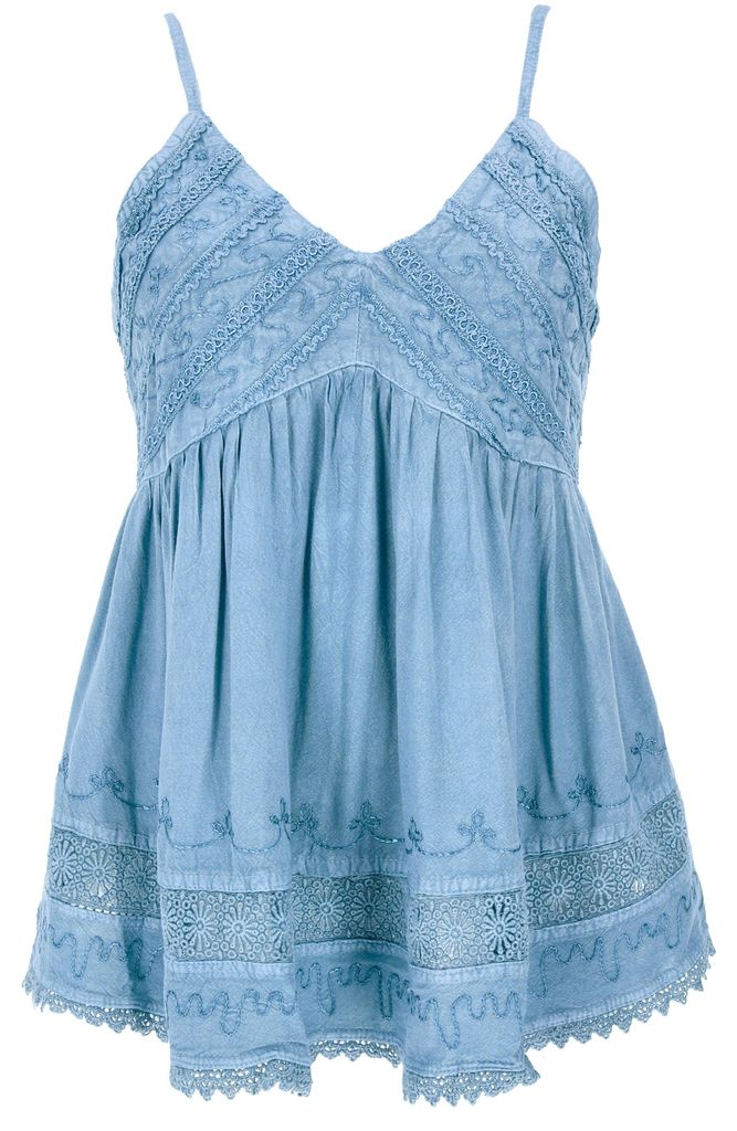 Besticktes Top Boho Chic, Lockeres Sommertop - Hellblau, Damen, Viskose, Tops & T-Shirts