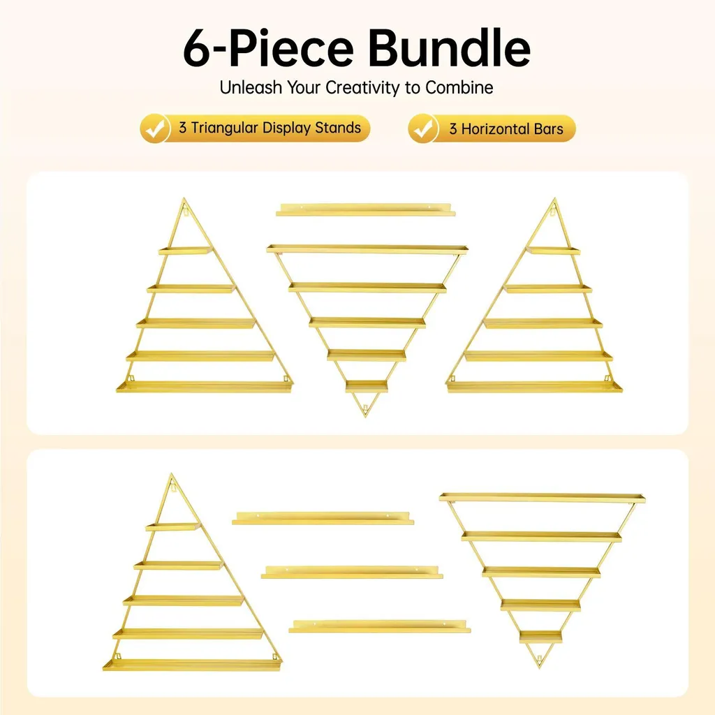 Solution rangement mural design - 6 Étagères triangles dorées robustes