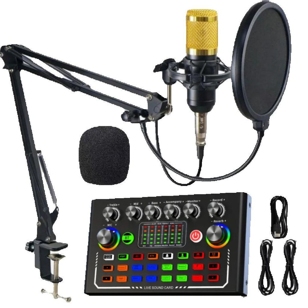 Streaming Mikrofon-Set - Headset-Kondensatormikrofon - USB-Soundkarte - Kabelgebunden - Für PC & Smartphone - Kleine Membran - Gold
