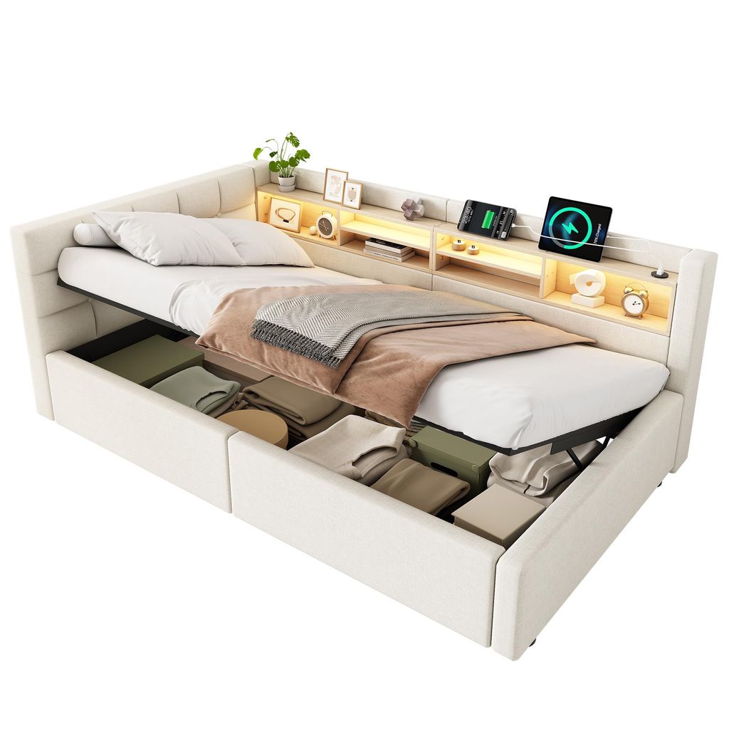 Polsterbett mit LED-Streifen, Lattenrost, Regal, Produktbild 