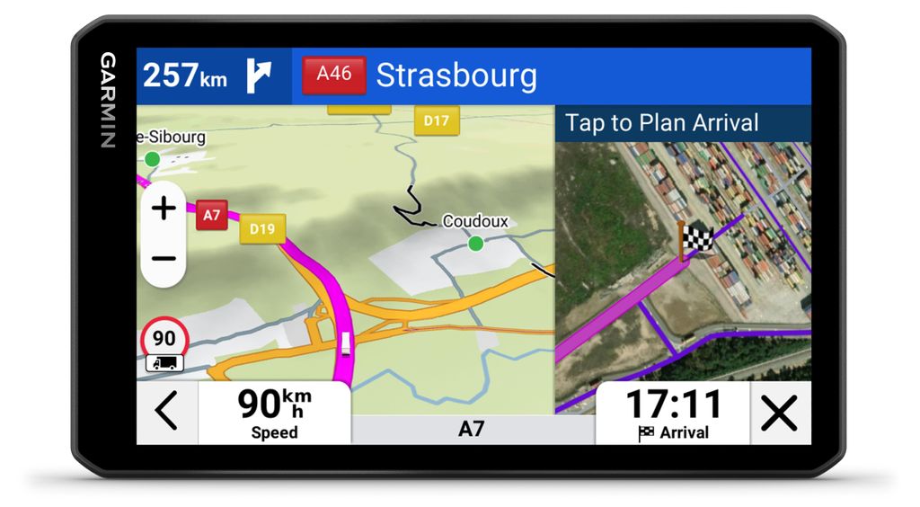 A Garmin GPS navigation device displaying a map and route information.