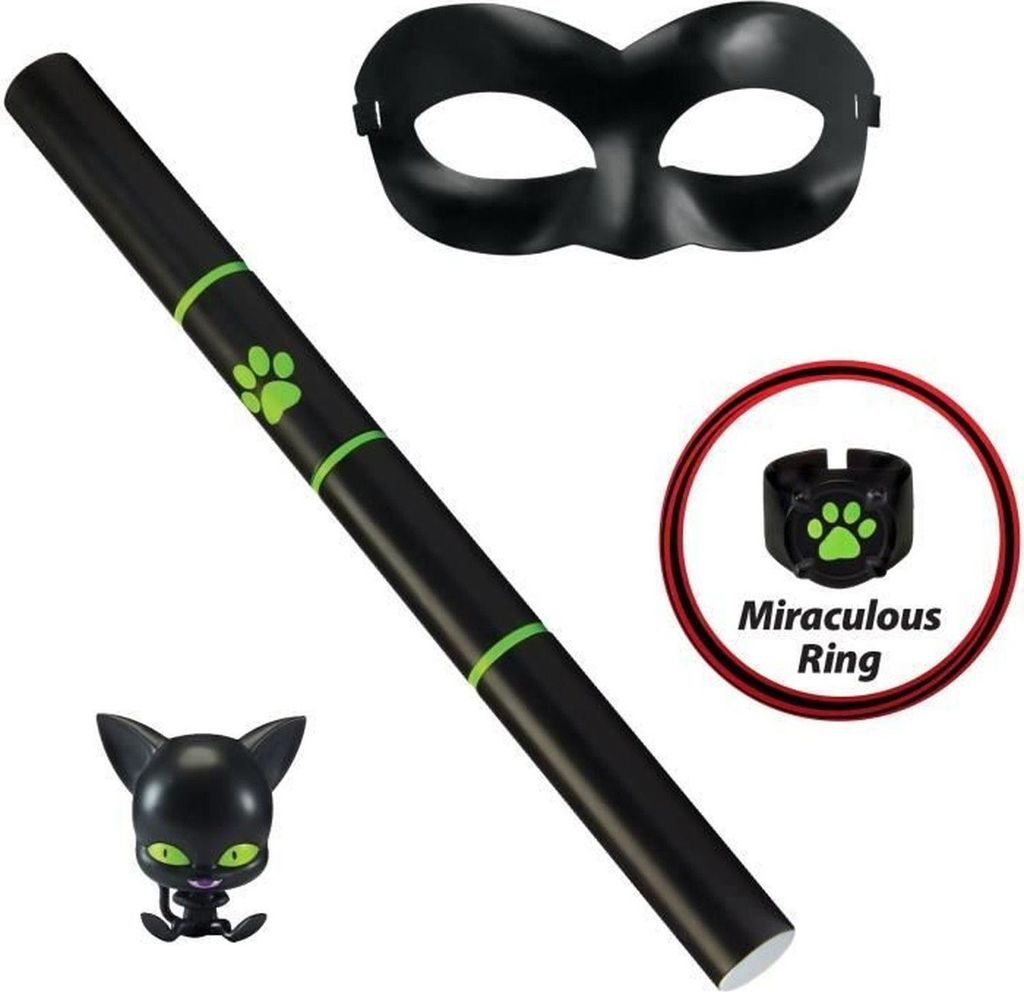 A collection of Cat Noir themed accessories from Miraculous Ladybug, including a mask, staff, ring, and a small figure of the Kwami Tikki.