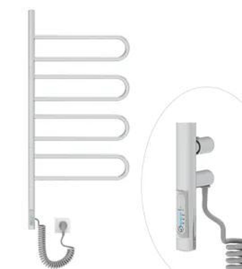 A white electric towel warmer with a coiled power cord and plug, shown next to a close-up view of its control unit.