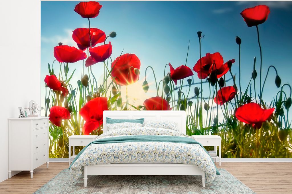 MuchoWow Fototapete für Wohnzimmer oder Schlafzimmer Wandtapete Vinyl Motivtapete Mohnblumen - Toskana - Sonne - Rot - Blau - 400x300 cm - Papie...