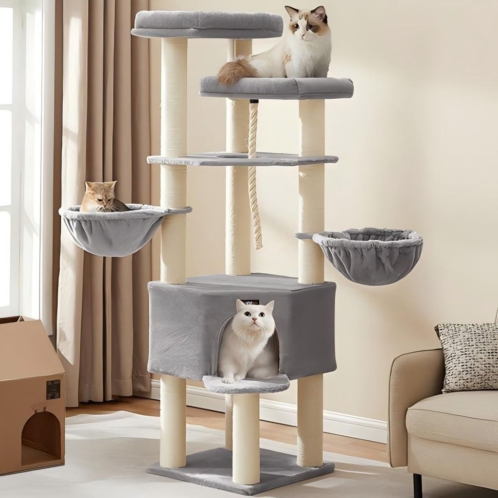 FEANDREA Kratzbaum 186 cm, Katzenbaum für große katzen, 13 dicken Säulen (11 cm d), stabil, Kippschutz, Cremeweiß