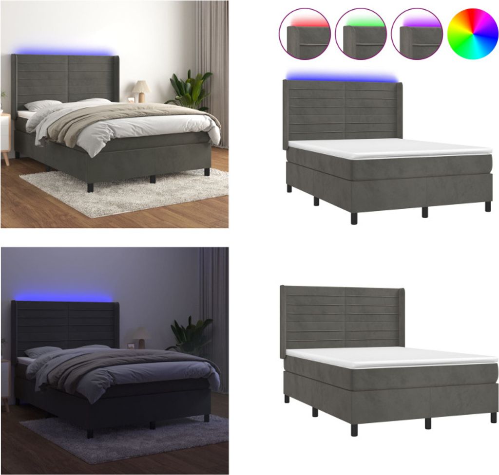 vidaXL Boxspringbett mit Matratze & LED Dunkelgrau 140x190 cm Samt - Boxspringbett - Boxspringbetten - Bett - Betten