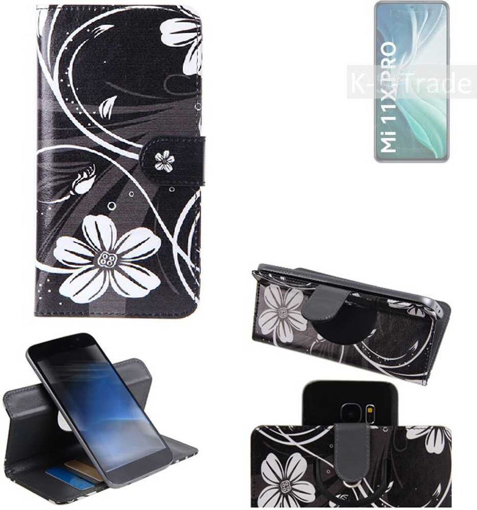 K-S-Trade Schutzhülle Handyhülle kompatibel mit Xiaomi Mi 11X Pro Hülle 360° Wallet Case ''Flowers'' Klapphülle Hülle schwarz-weiß 1x