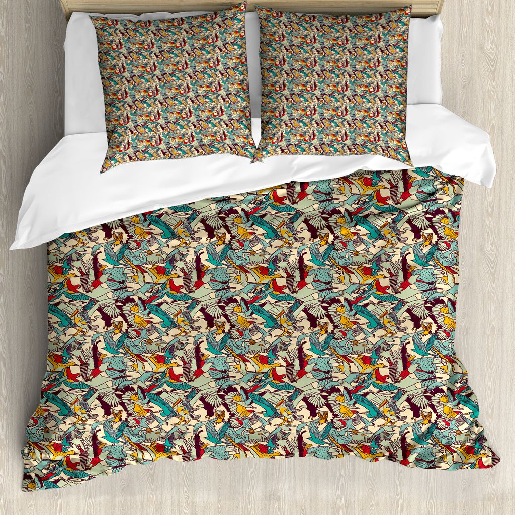 ABAKUHAUS Vögel Bettbezug Set für Einzelbetten, Clutter von fliegenden Kreaturen, Milbensicher Allergiker geeignet mit Kissenbezug, 200 cm x 200 ...