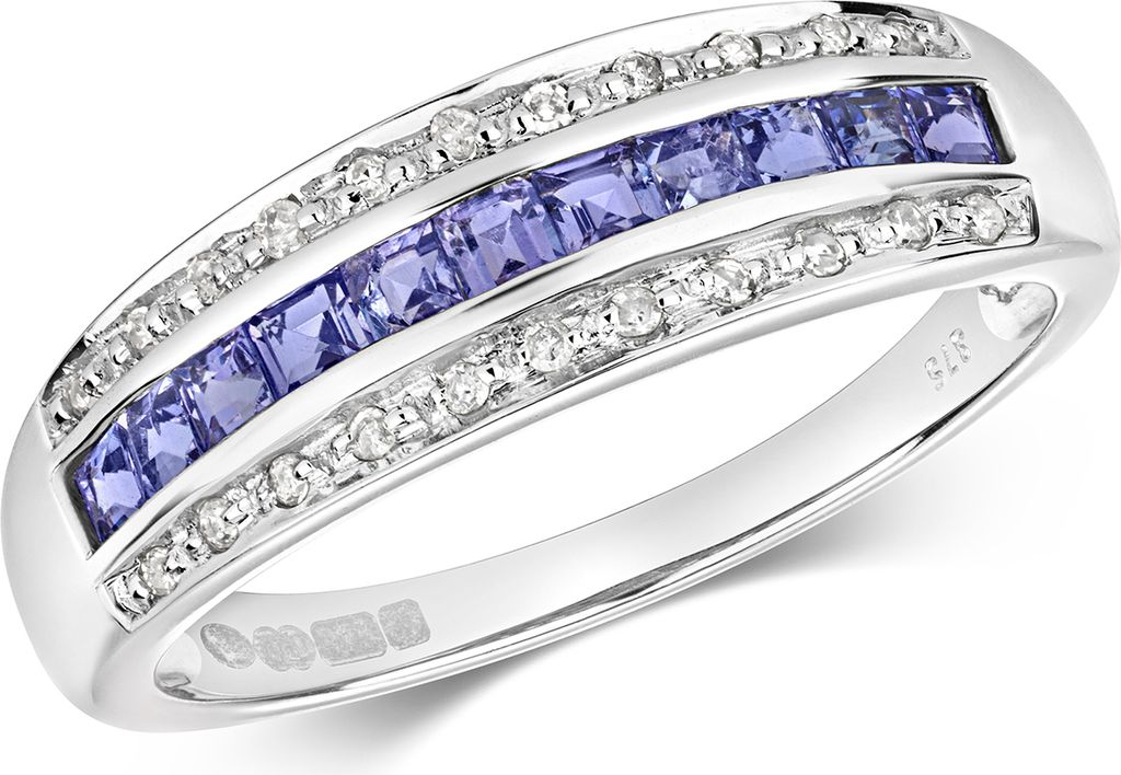 Wunderschöner 9 Karat (375) Weißgold Halb Eternity Diamant Damenring Brillant-Schliff 0.09 Karat H - PK mit Tansanit, 54 (17.2); TRS28784RSN