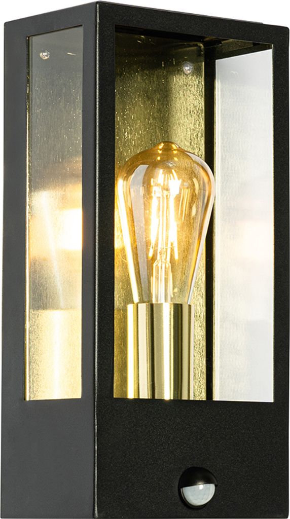 QAZQA - Industrie I Vintage I Außen Wandleuchte schwarz mit Gold I Messing und Bewegungsmelder - Rotterdam I Außenbeleuchtung - Stahl Rechteckig - LED geeignet E27