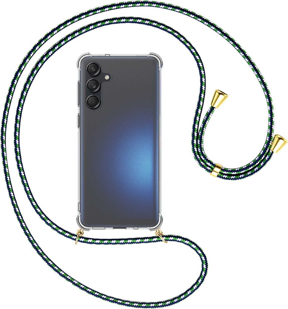 Handykette Backcover-Schutzhülle mit Band (Metall goldfarben) für Samsung Galaxy M55 5G - grün/blau/weiß