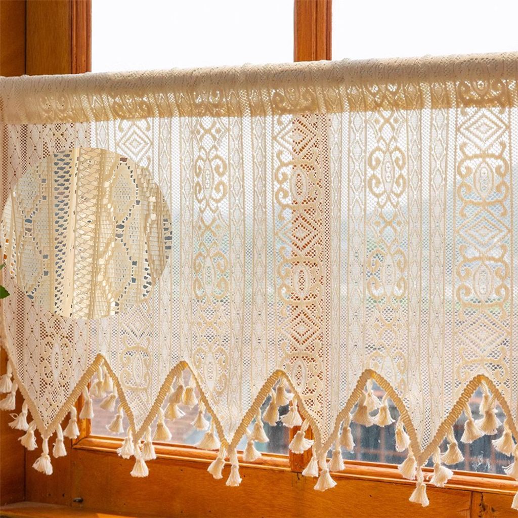 Bistrogardine Boho Vorhang Kurz Scheibengardine Häkeln Vorhänge Kurzstore Gardinen mit Quasten für Küche Kleine Fenster Landhaus Vorhänge B132...
