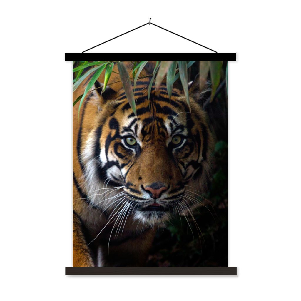 MuchoWow Textilposter Tiger - Blätter - Dschungel - Tiere - Wild 120x160 cm mit schwarzem Rahmen - Magnetischer