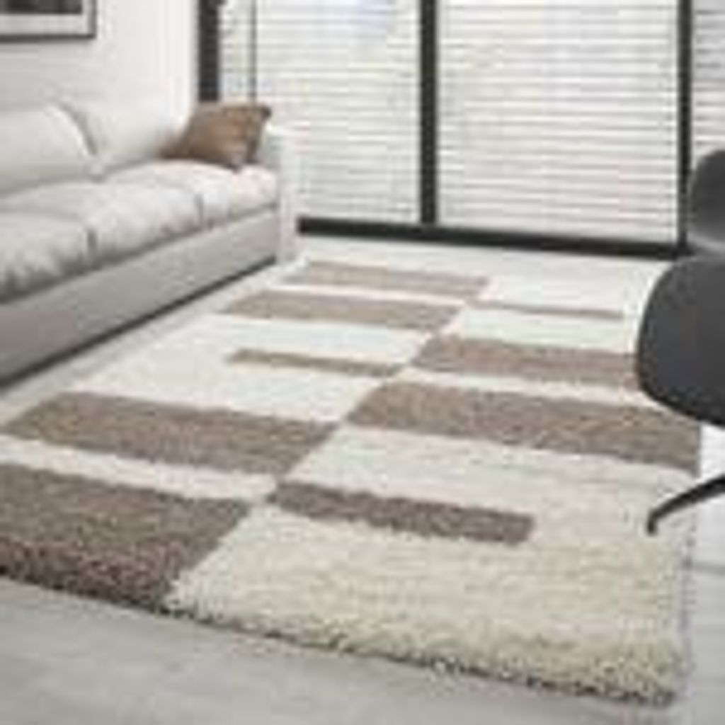 Moderner Hochflor-Teppich mit geometrischem Muster - weicher Wohnzimmerteppich im Design-Look, Größe: 80 x 150 cm, Farbe: Beige