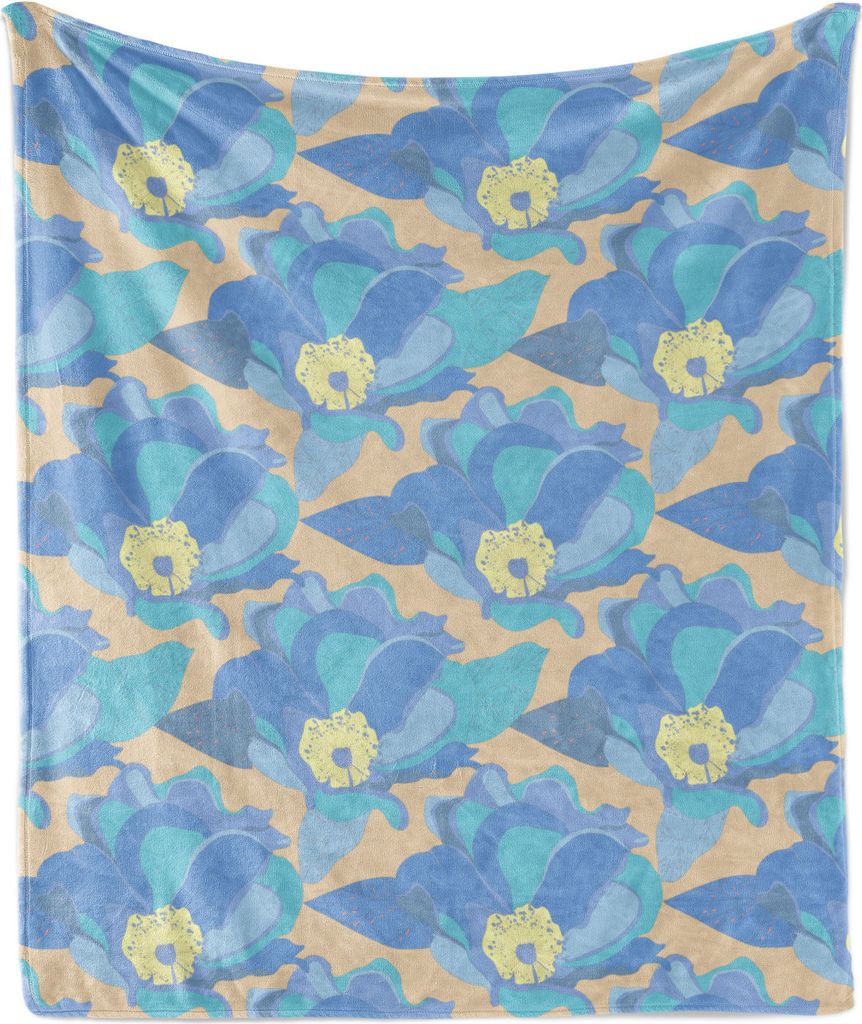 ABAKUHAUS Natur Weich Flanell Fleece Decke, Abstrakte Blaue Blumen und Blätter Retro Design Blumenthema, 175 x 230 cm, Ceil Blau Pale Sky Blue