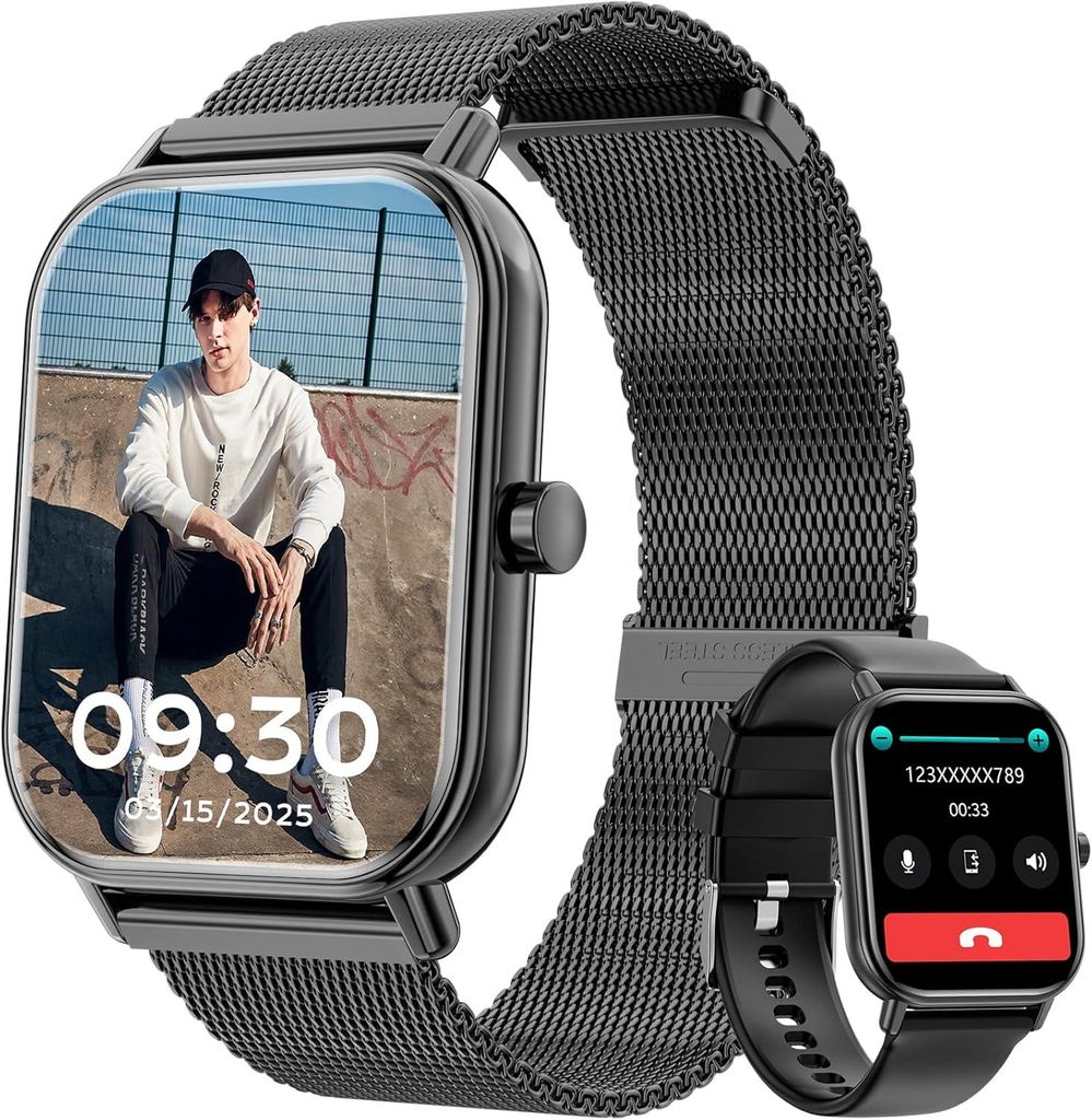 Haulvean Smartwatch mit Bluetooth-Telefonfunktion – 1,85 Zoll HD-Display, 110+ Sportmodi, 24/7 Gesundheitsüberwachung, IP68 wasserdicht