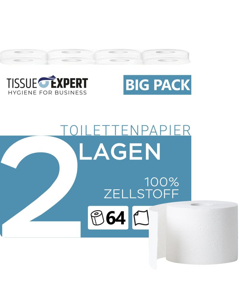 Tissue Expert Toilettenpapier, 2-lagig, 64 Rollen x 250 Blatt, 100% Zellstoff, ideal für Vielverbraucher, Verpackung aus 60% PCR-Anteil