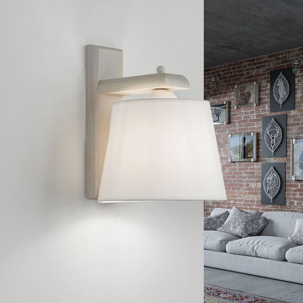 Wohnliche Wandleuchte Holz Stoff hell gemütliches Design E27 Wohnzimmerlampe Schlafzimmerlampe