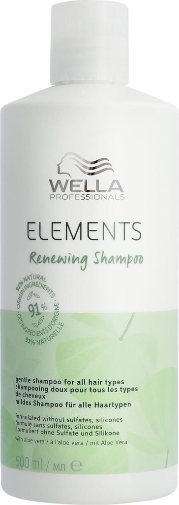 A white bottle of Wella Elements Renewing Shampoo against a white background with subtle green leaf patterns.