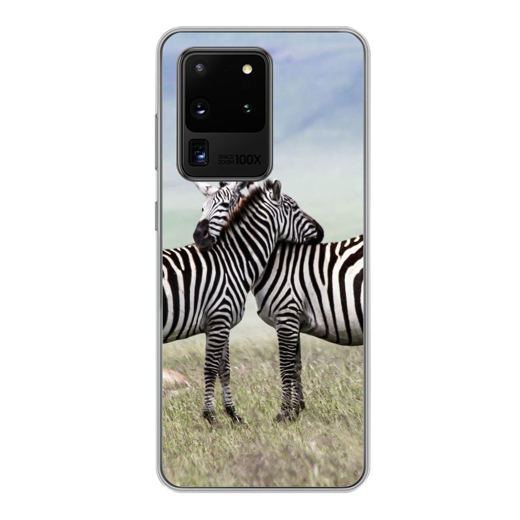 MuchoWow Handyhülle Schutzhülle Hülle für Samsung Galaxy S20 Ultra Zebras - Gras - Schwarz - Weiß Silikon Softcase Handy Hülle - Karteninhaber