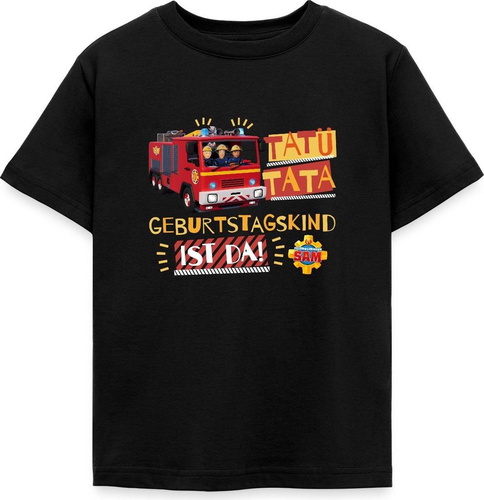 Spreadshirt Feuerwehrmann Sam Tatü Tata Geburtstagskind Kinder T-Shirt, 122/128 (7-8 Jahre), Schwarz