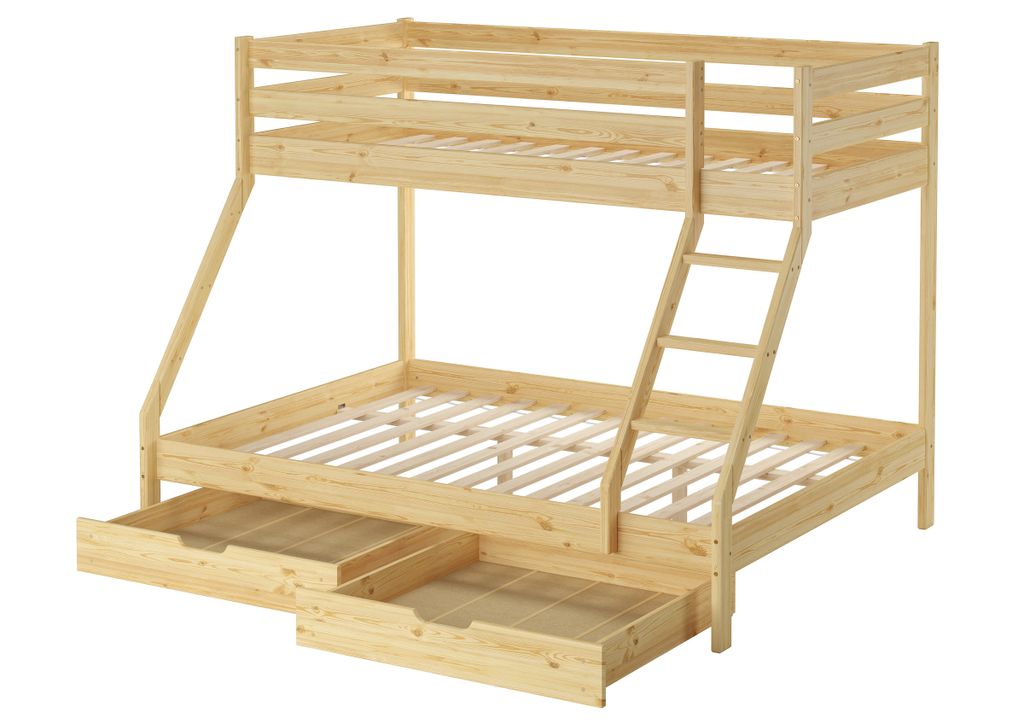 Doppel-Etagenbett 140x200 und 90x200 Erwachsenen-Stockbett Kiefer Zubehör wählbar V-60.19-09-14Rollrost und Doppelbettkasten inkl.