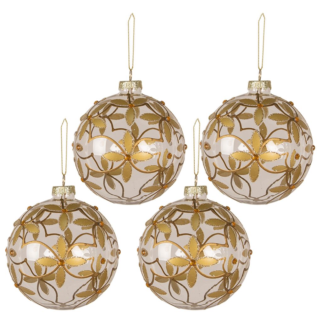 Clayre & Eef Weihnachtskugel 4er Set Ø 10 cm Transparant Glas Blumen