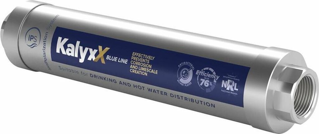 A silver water filter with a blue label.