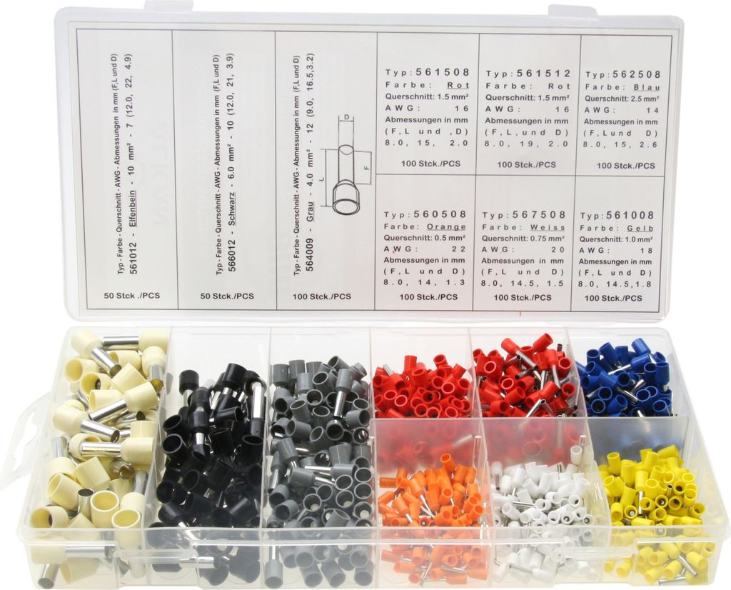 800 x Aderendhülsen-Sortiment - isoliert - Querschnitt 0,5-10,0mm² Länge 8-12mm