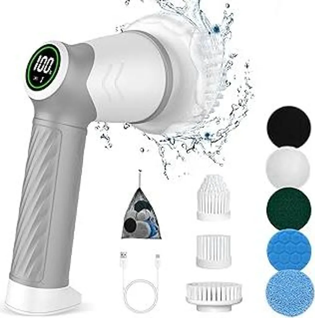 Spazzola elettrica per la pulizia, Spin Scrubber per il bagno, spazzola senza fili con 7 testine di pulizia, 2 velocità regolabili, rilevamento della pressione, display LED Spazzola per la pulizia profonda