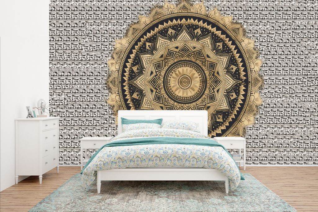MuchoWow Fototapete für Wohnzimmer oder Schlafzimmer Wandtapete Vinyl Motivtapete Mandala - Blume - Gold - Luxus - Bohème - 435x260 cm - Kinder...