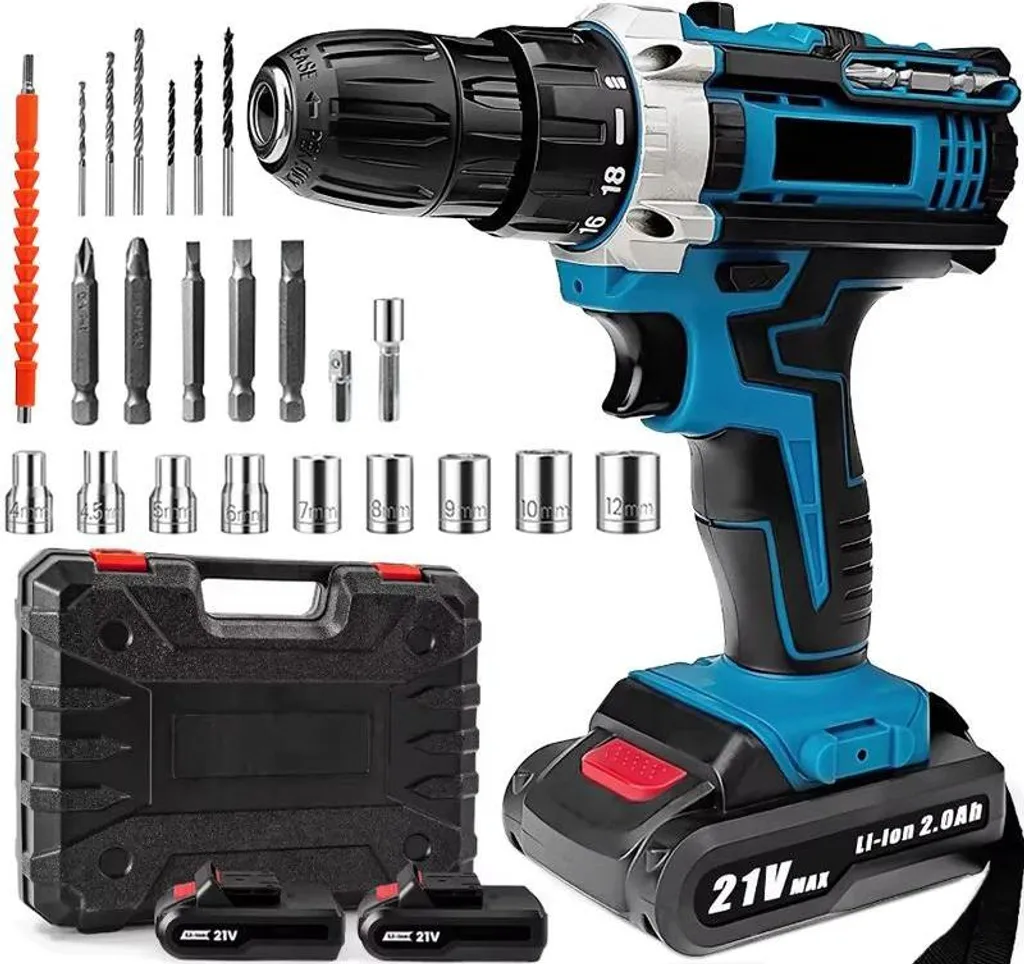 Perceuse-visseuse sans fil 21V avec 2 batteries Li-ion et chargeur UE