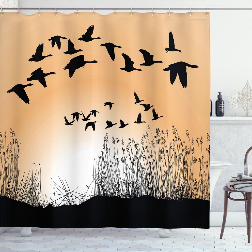 ABAKUHAUS Gänse Duschvorhang, Fliegen Knäuel Gänse und Blätter Silhouetten auf Ombre Effekt Hintergrund, 175 x 180 cm, Blasses Orange Koksgraue