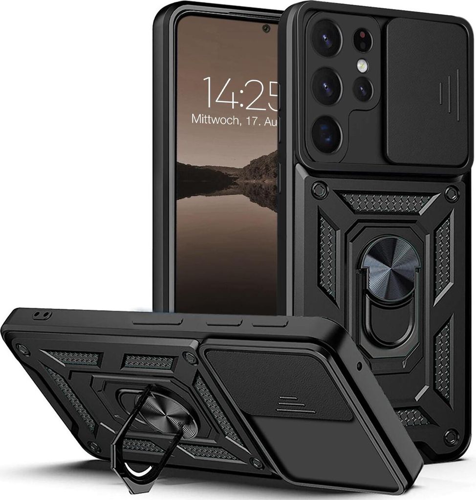 A black phone case with a sliding camera cover and a ring stand is shown from multiple angles.