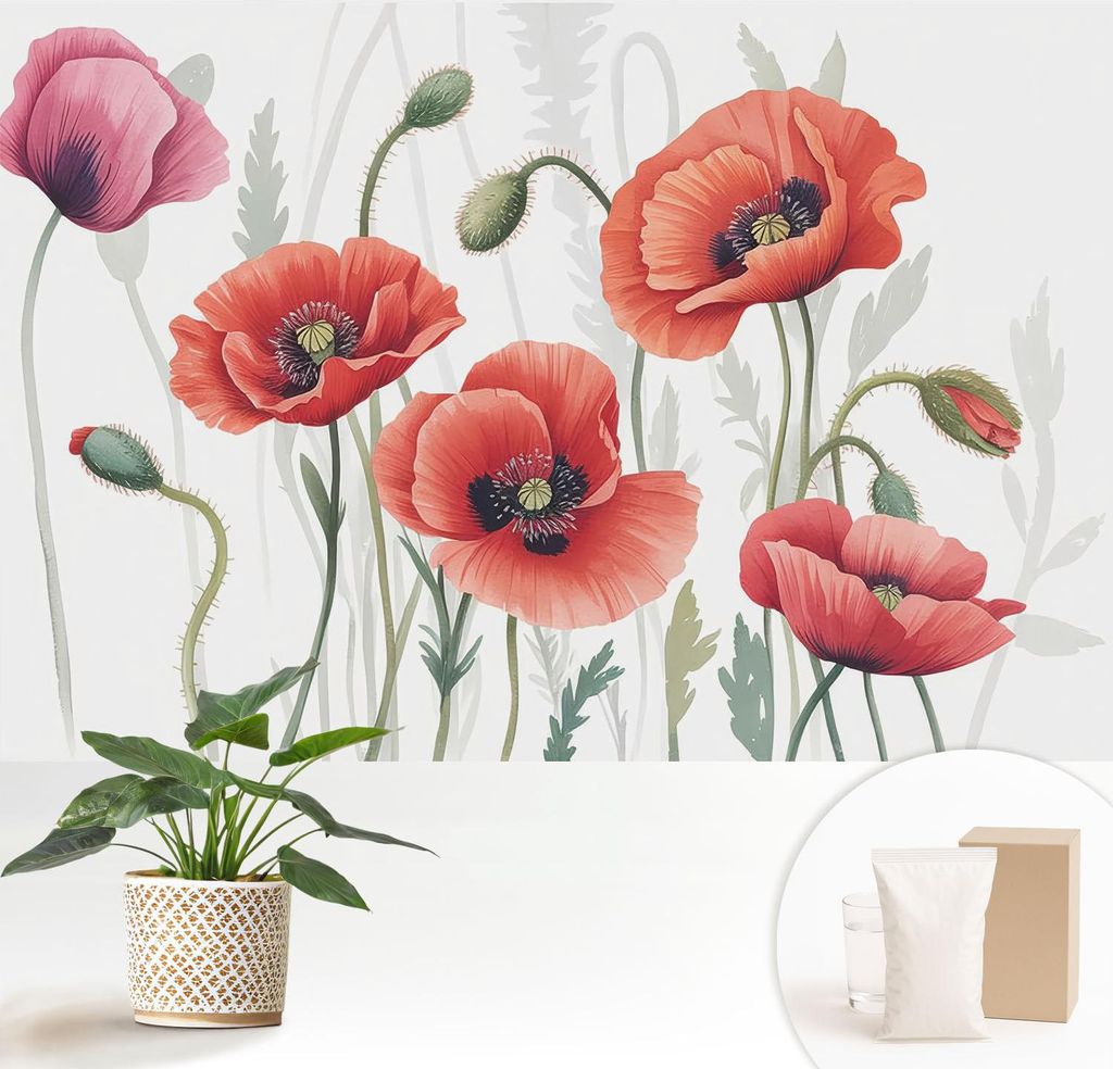 Fototapete - 152x104 cm - Tapete - Wandtapete - Wandbilder - Dekofolie - Tapete Folie - Wand - Dekoration - Wohnzimmer - Rote Mohnblumen