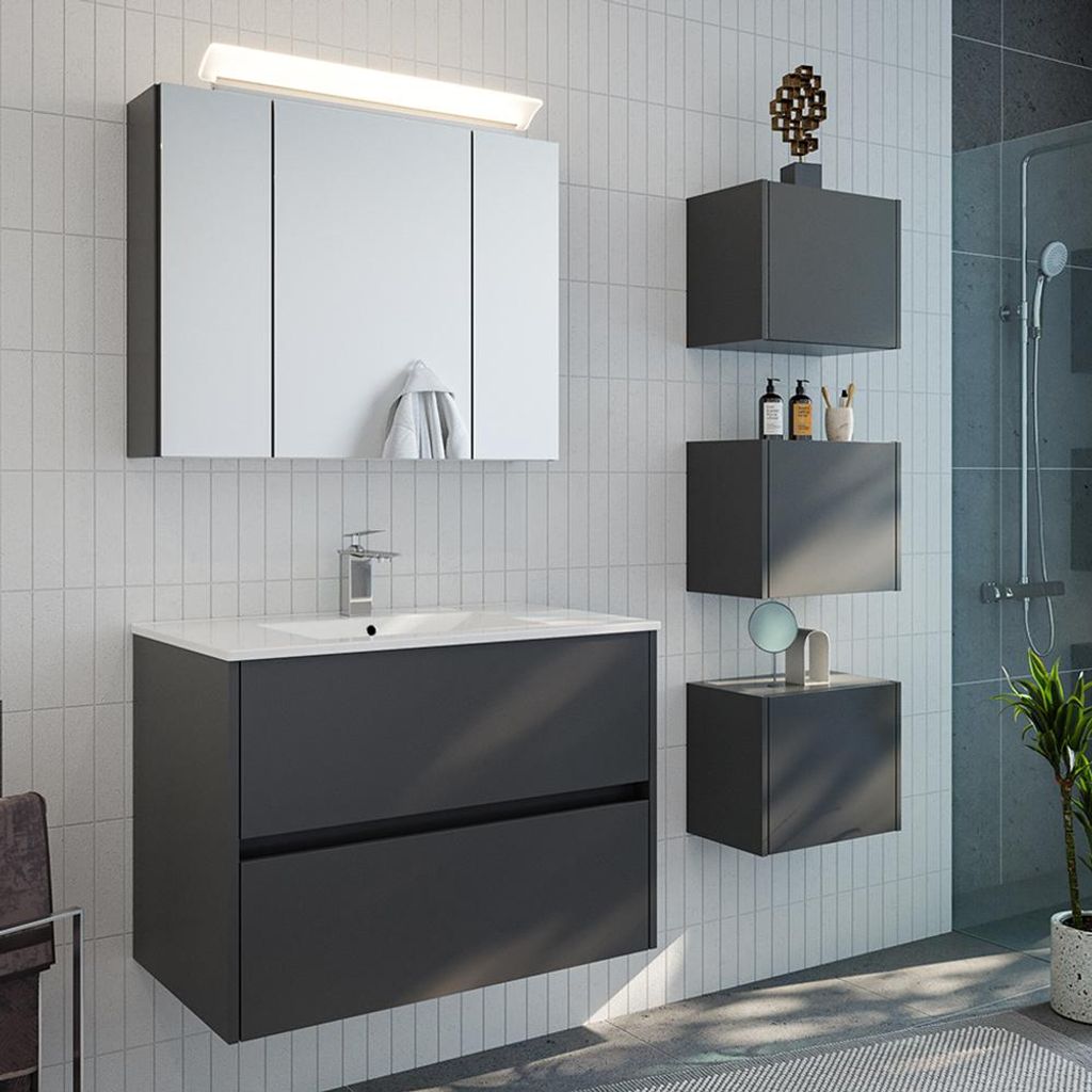 Badmöbel-Set 5-teilig mit 80 cm Waschtisch und Spiegelschrank mit LED-Beleuchtung in graphit matt - LIVIGNO-02