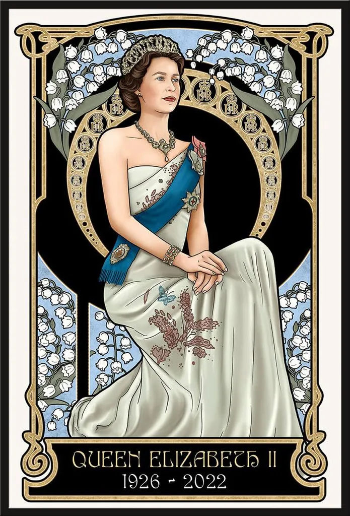 Portrait Elizabeth II 1926-2022 : Affiche protégée sous cadre Shinsuke noir