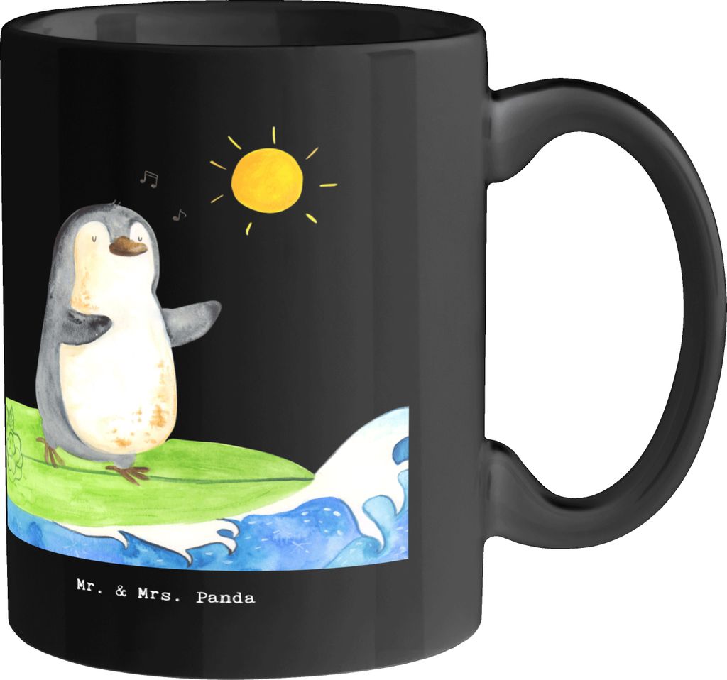 Mr. & Mrs. Panda Keramiktasse Fließend Surfen - Schwarz - Geschenk, Abenteuer, Becher, Teamsport, Sportler Geschenke, Ozean, haferl, Wellenreiten,...