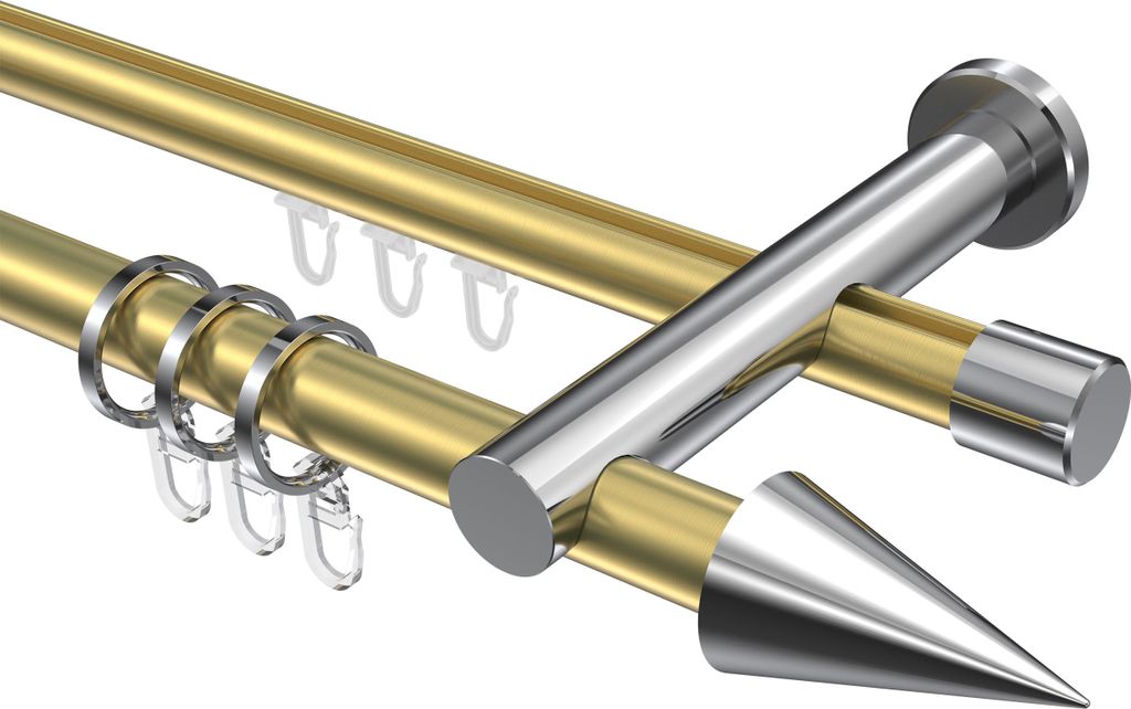 Interdeco Rundrohr-Innenlaufstange / Gardinenstange (Kombination) Messing-Optik / Chrom, Typ Platon Savio (Kegel), 20 mm Ø 2-läufig, 400 cm