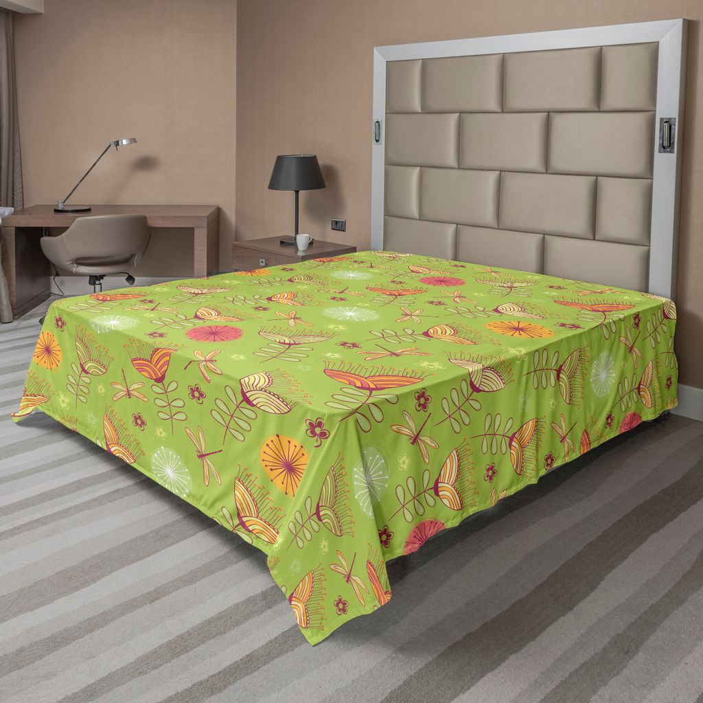 ABAKUHAUS Libelle Bettlaken, Blaubell Blumenmotive Mit Pfingstrose Funky Fashion Boho Retro Kunst Muster Druck, weiches bequemes oberes Bettlaken f...