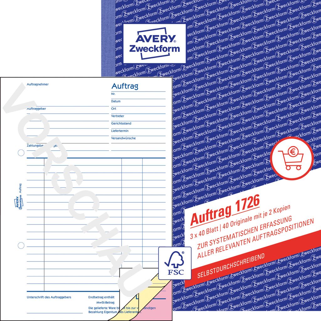 Avery Zweckform 1726, Auftrag, A5, selbstdurchschreibend, 3x40 Blatt