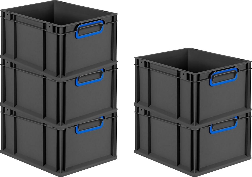 SparSet 5x Eurobox NextGen Color | HxBxT 22x30x40cm | 20 Liter | Griffe blau geschlossen | Schwarz | Eurobehälter, Transportbox, Transportbehälte...