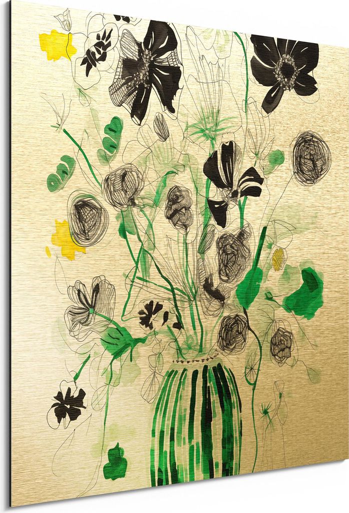 DEQORI Alu-Dibond Bild Gold 50x50 cm 'Der grüne Strauß' Wandbild Metall dünn Design