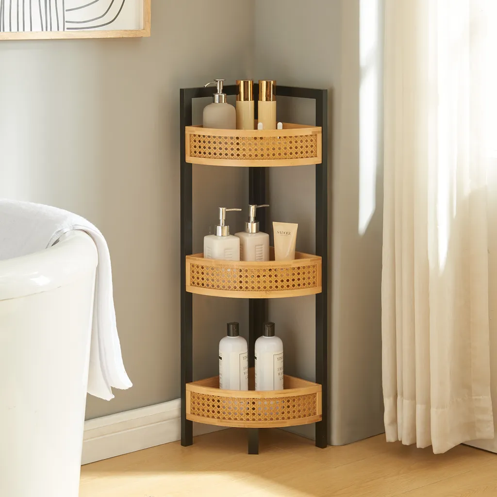 Petit meuble de rangement d'angle en rotin et bois de bambou noir 80 cm