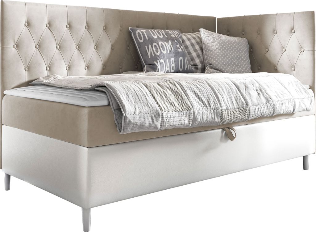 MIRJAN24 Boxspringbett Filip Junior 3 80x200, Einzelbett mit Bonellfederkern, Härtegrad - H3 (Farbe: Soft 017 + Fresh 01, Seite zum Öffnen des Be...